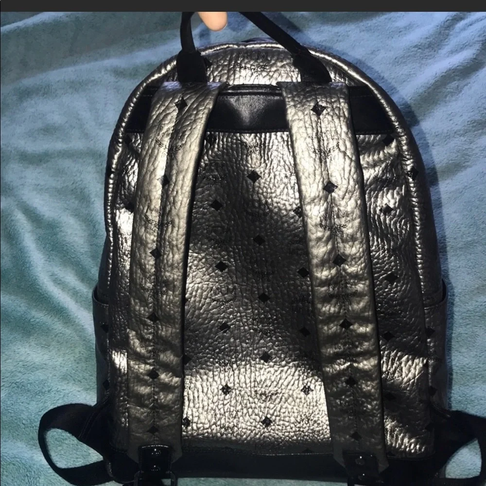 MCM Metallic Silver Logo-Print Backpack
